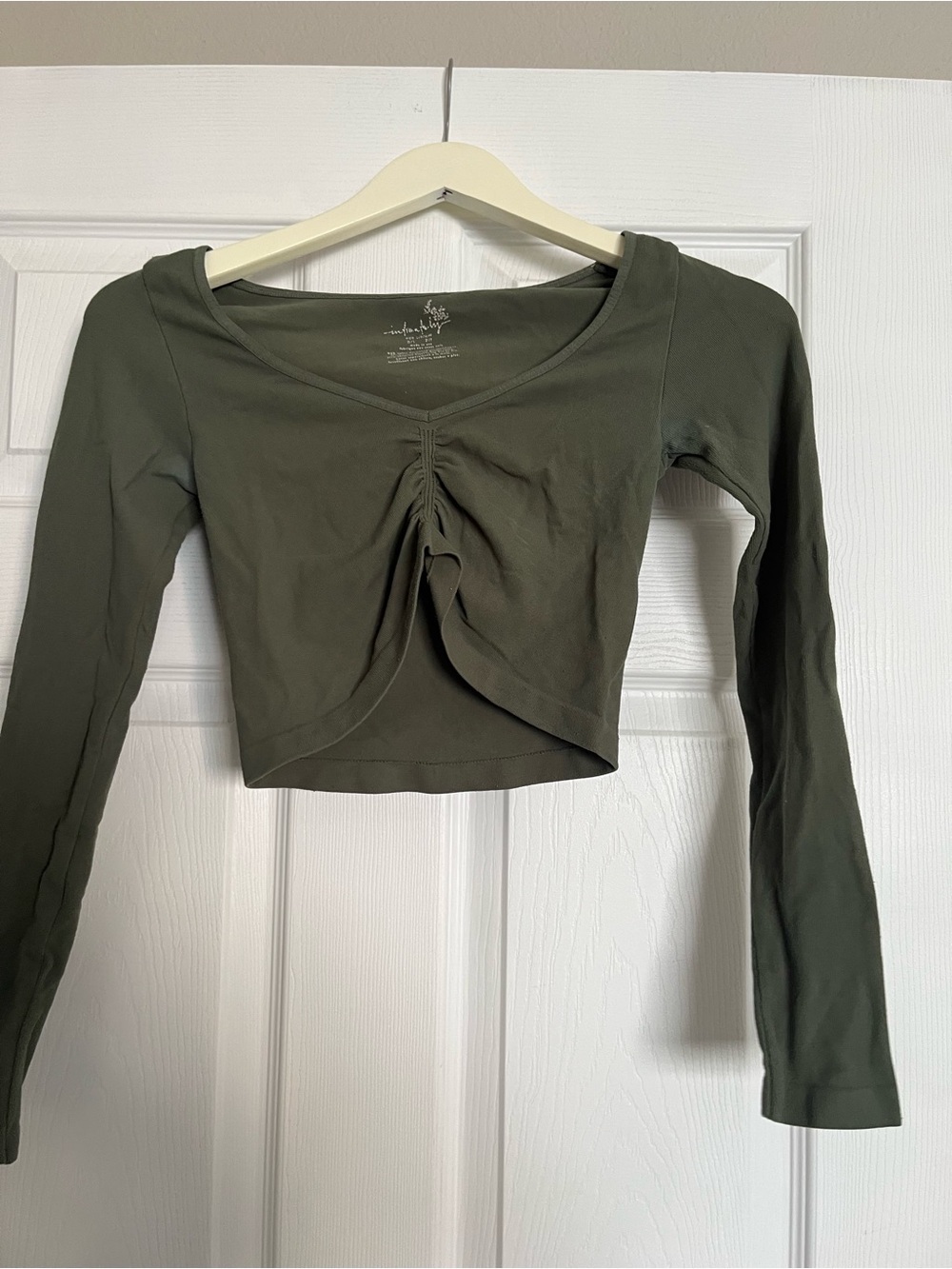 Free People Olive Green Ruched Scoop-Neck Crop Top